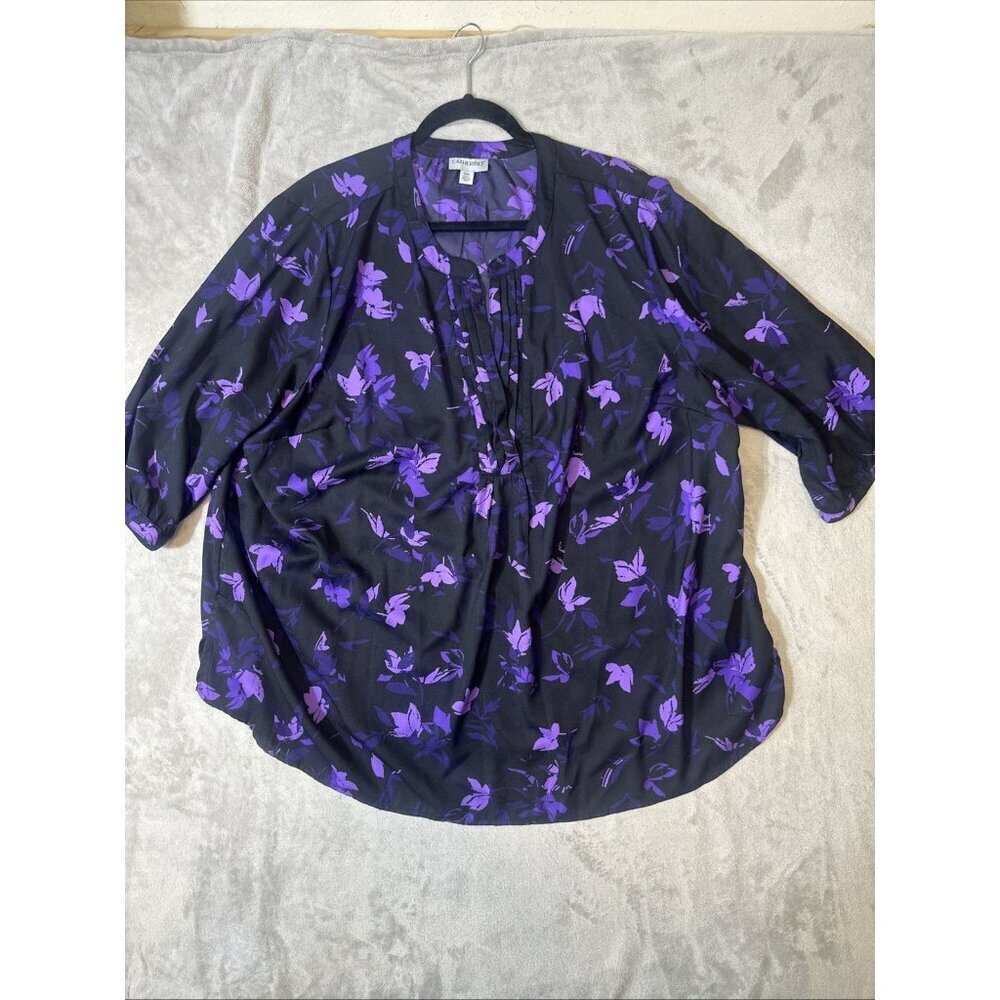 Catherines 3XWP Blouse Black Purple Floral Pintuck Pleat Front 3/4 Sleeve Top